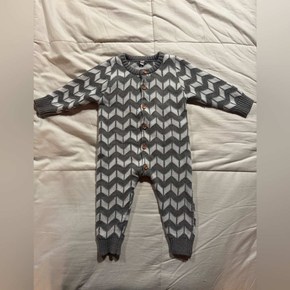 Gray & white Chevron Kids sweater knit baby One Piece wooden buttons 3-6mo